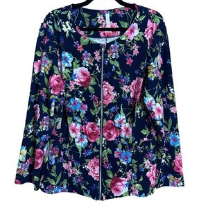 Simply Ruby Navy Blue Floral Scoop Neck Long Sleeve Zip Front Lightweight Jacket